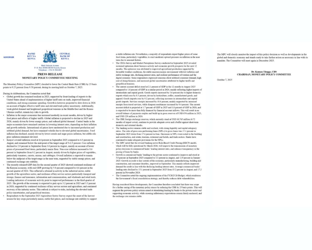 CBK Monetary Policy Committee meeting, released Oct. 7, 2025. CBK/Handout