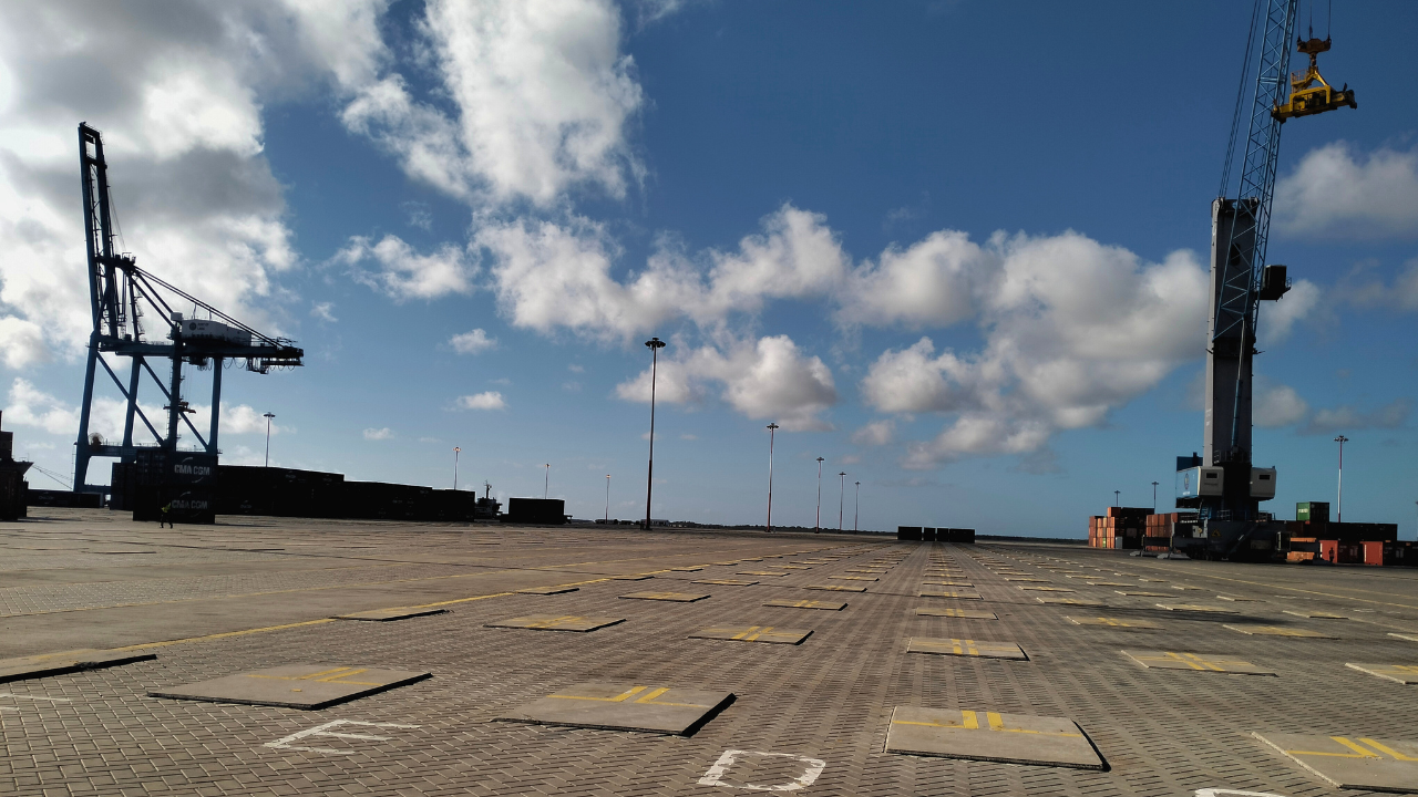 Stacked shipping containers at the terminal yard