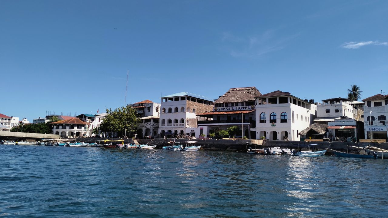 Historical Lamu Old Town architecture viewed from water