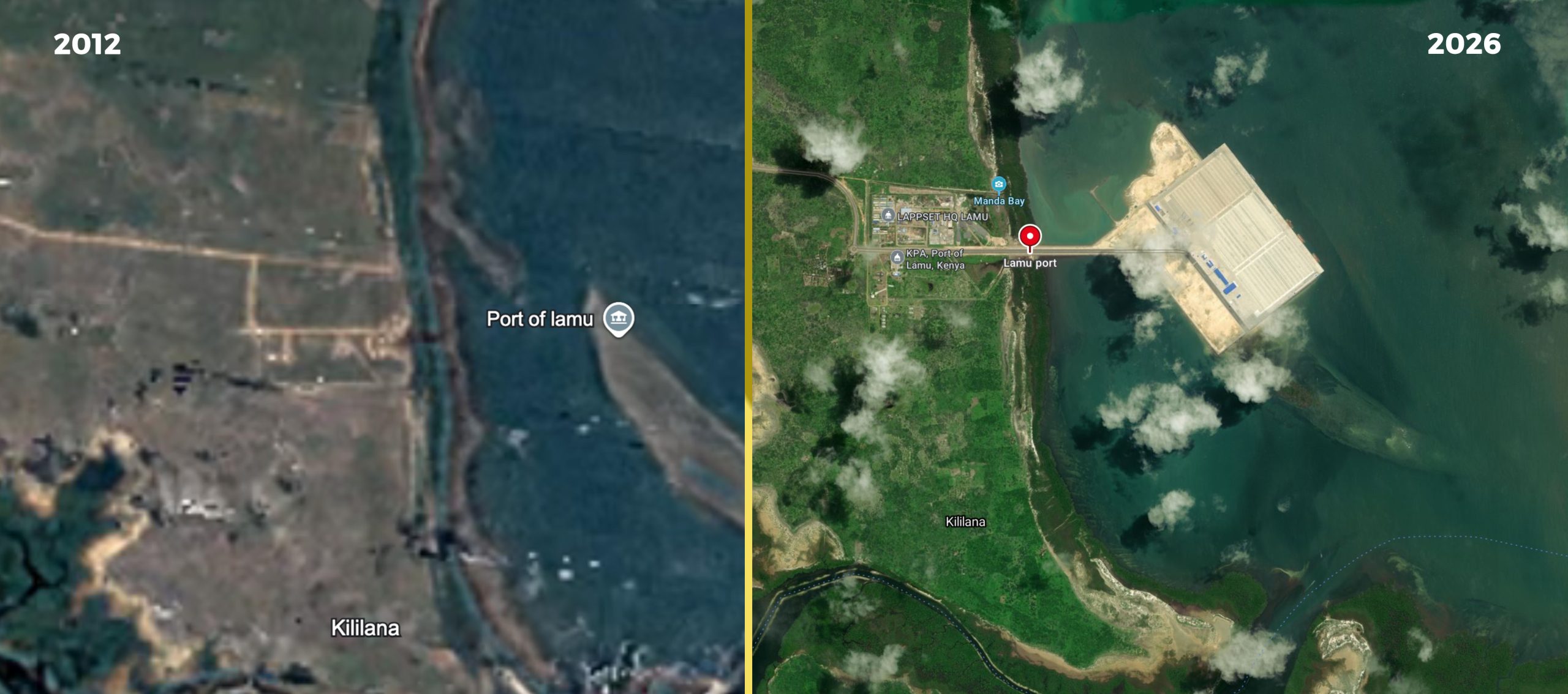 Satellite comparison of Manda Bay shoreline changes
